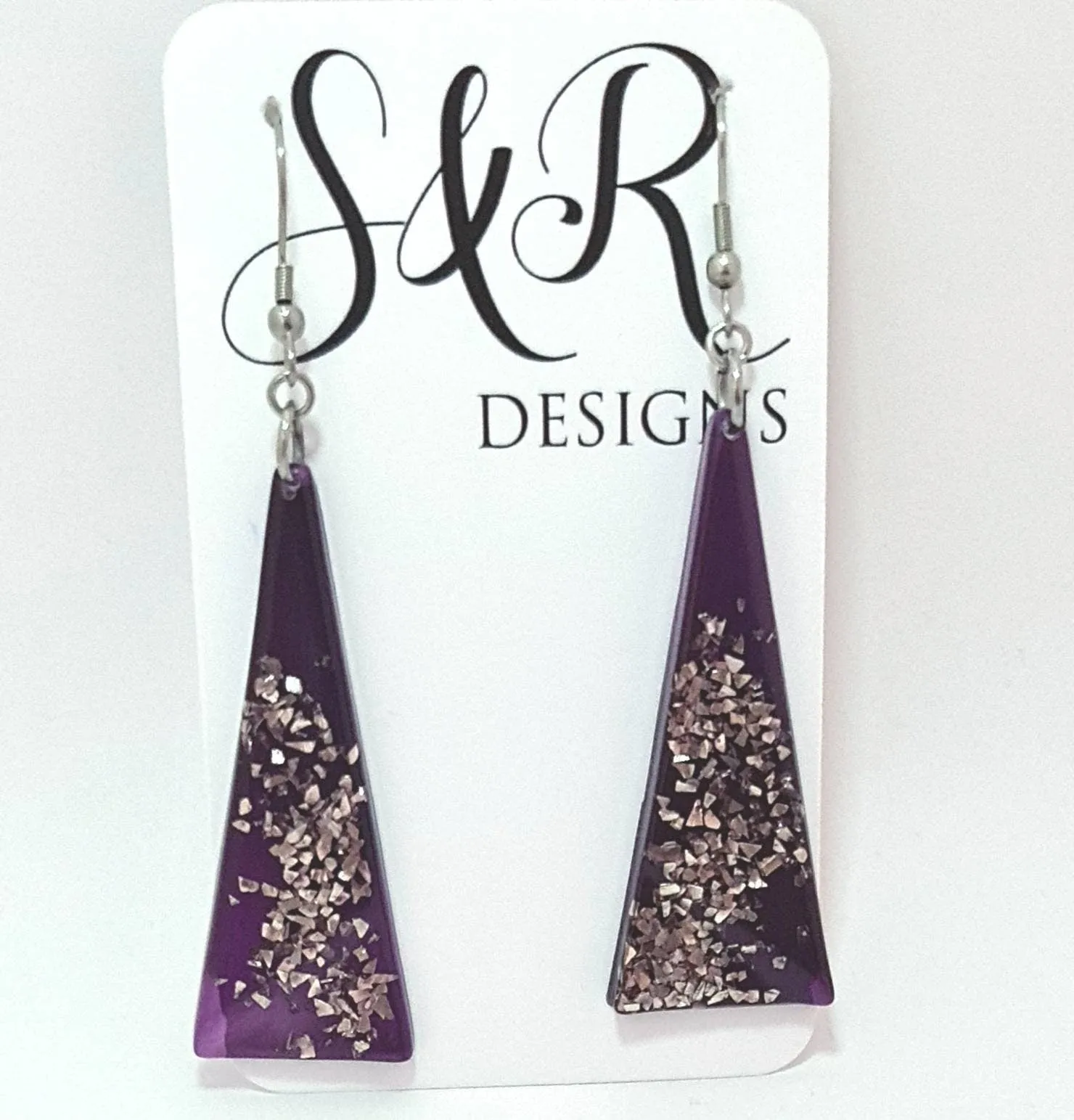 Resin Dangle Earrings, Purple, Silver, Triangle Dangle Earrings Stainless Steel, Glitter Earrings, Statement Earrings