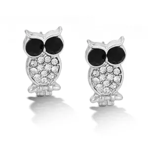 RHODIUM BLACK AND WHITE CRYSTAL OWL STUD EARRING #SWKK-3372RHO (AH19)
