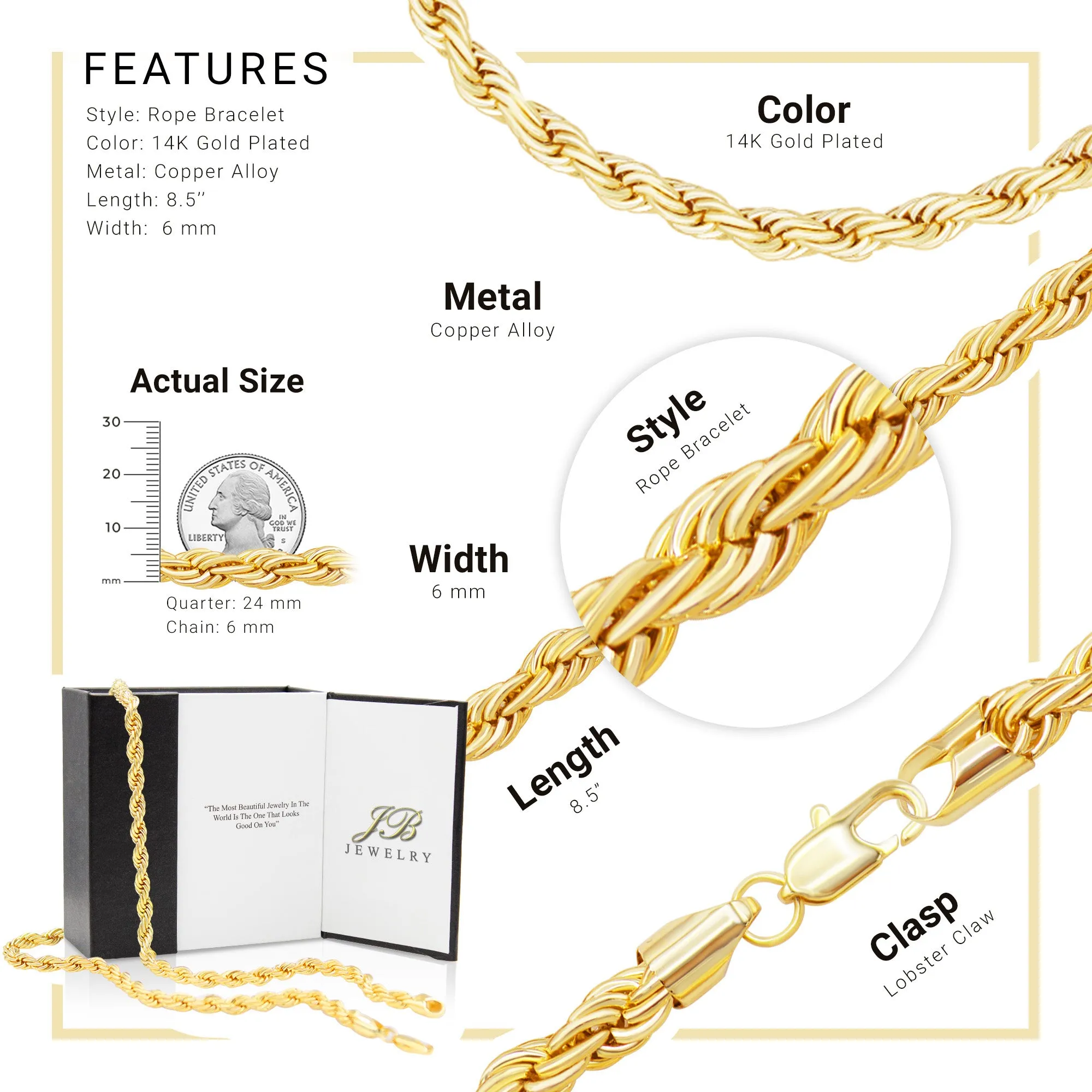Rope Chain 14K Gold Filled Bracelet 8.5" Set Lobster Claw Clasp Men Jewelry 5 mm 6 mm