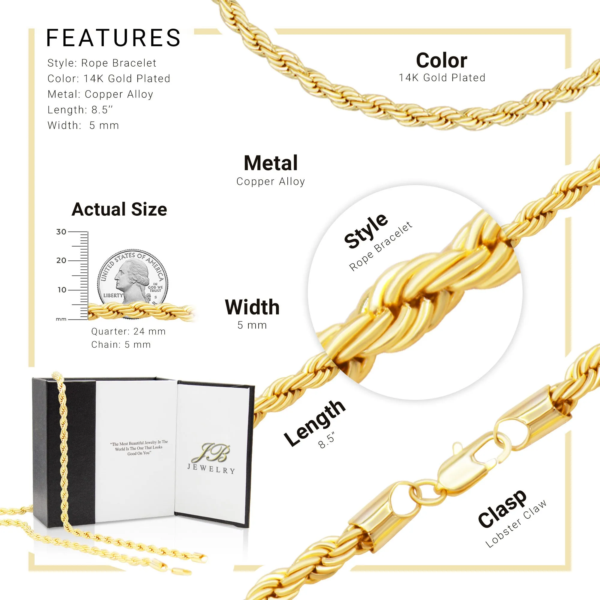 Rope Chain 14K Gold Filled Bracelet 8.5" Set Lobster Claw Clasp Men Jewelry 5 mm 6 mm