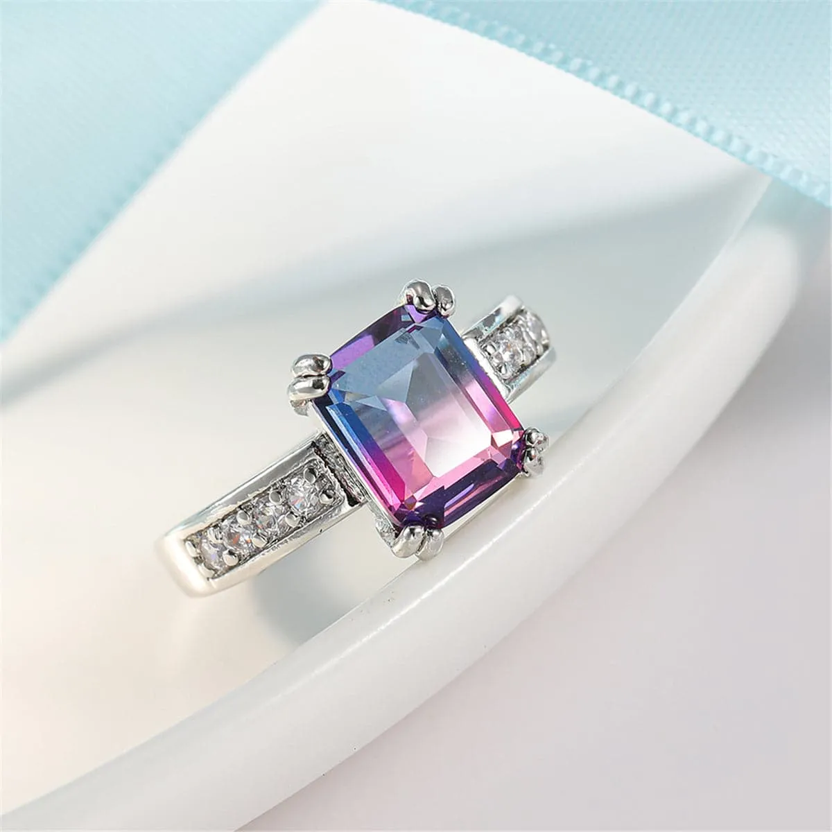 Rose Crystal & Cubic Zirconia Rectangle Double-Prong Ring