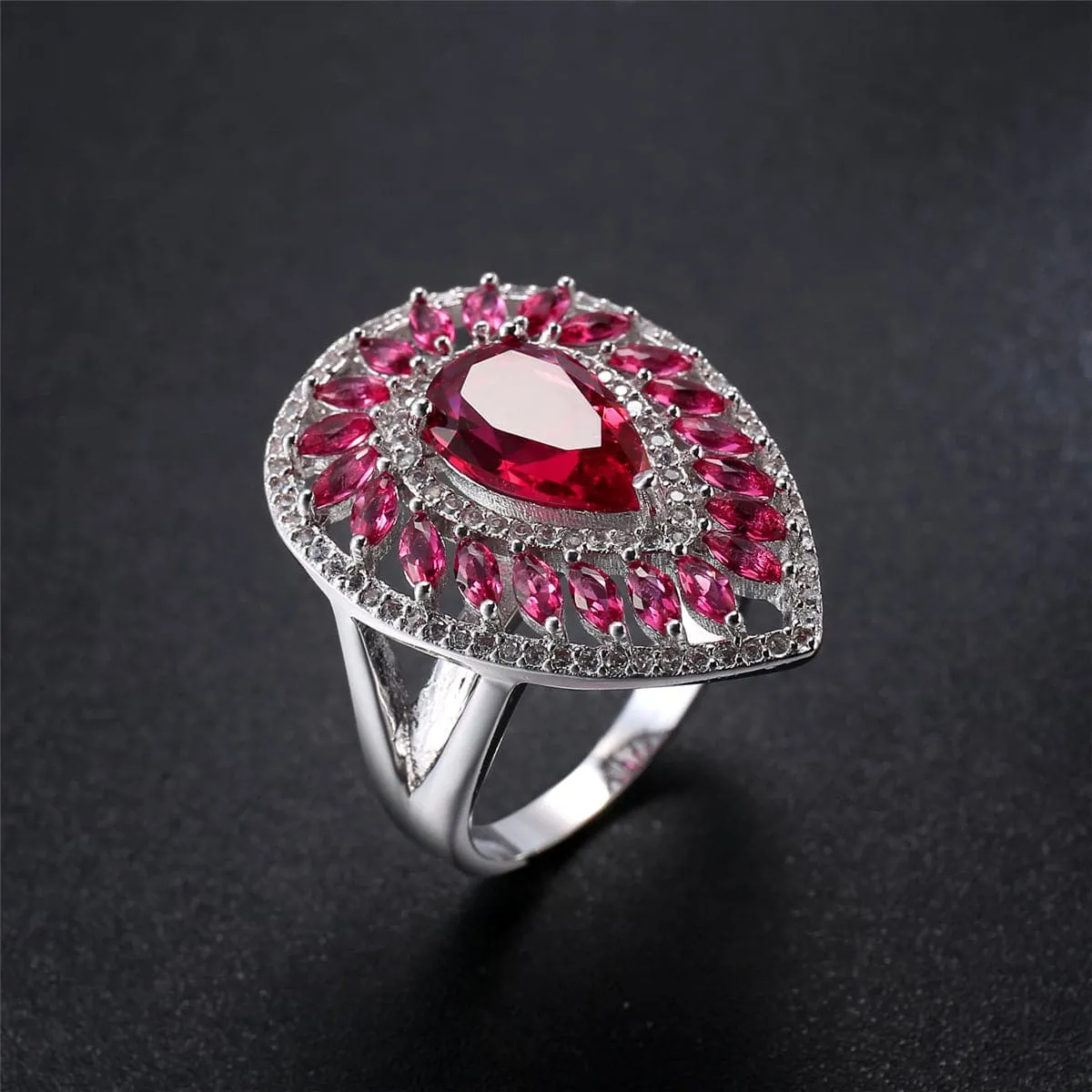 Rose Crystal & Cubic Zirconia Teardrop Ring