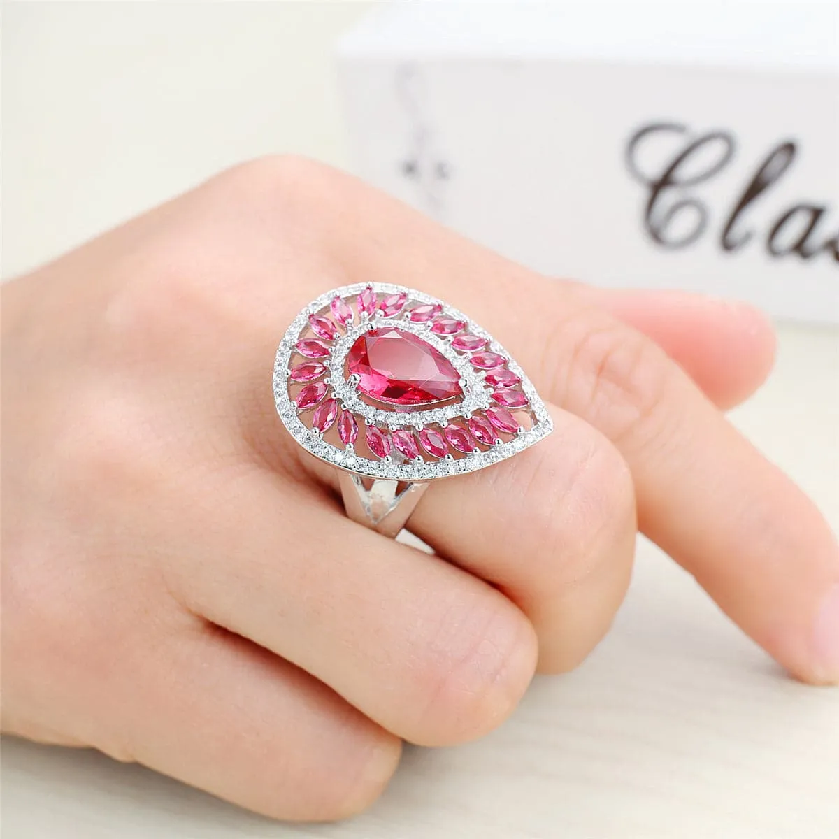 Rose Crystal & Cubic Zirconia Teardrop Ring
