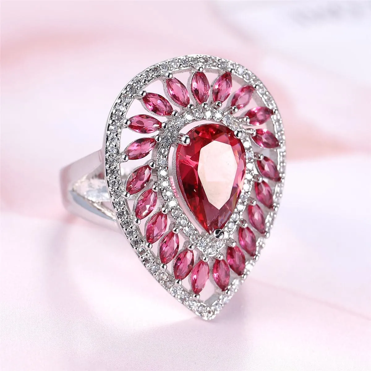 Rose Crystal & Cubic Zirconia Teardrop Ring