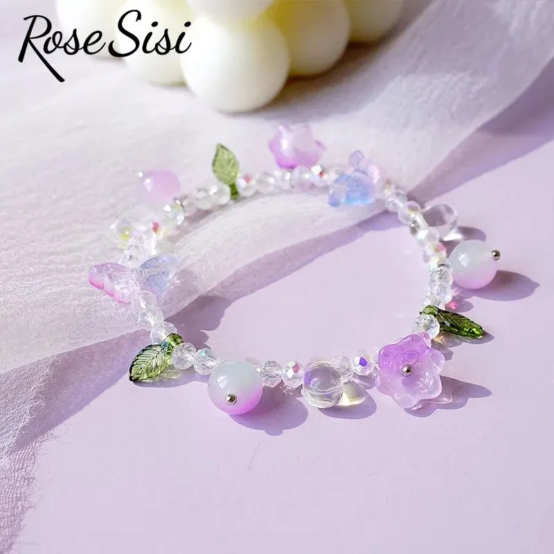 Rose sisi Chinese style ancient style fresh flower tassel beaded bracelect for women multicolor butterfly handmade bracelects