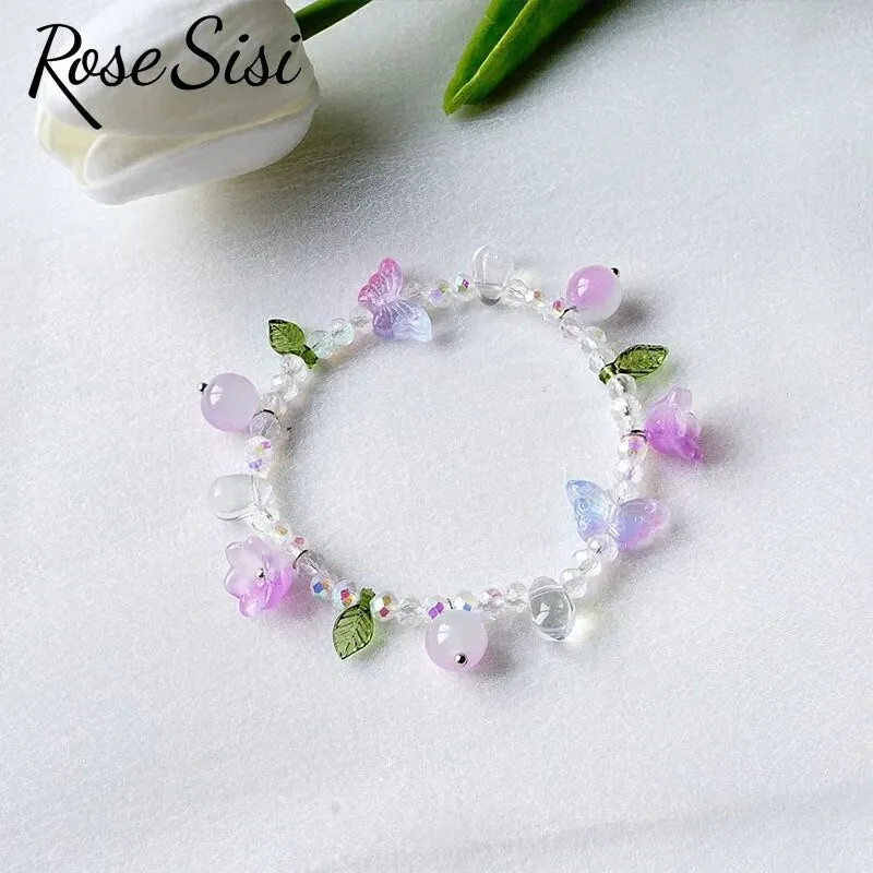 Rose sisi Chinese style ancient style fresh flower tassel beaded bracelect for women multicolor butterfly handmade bracelects
