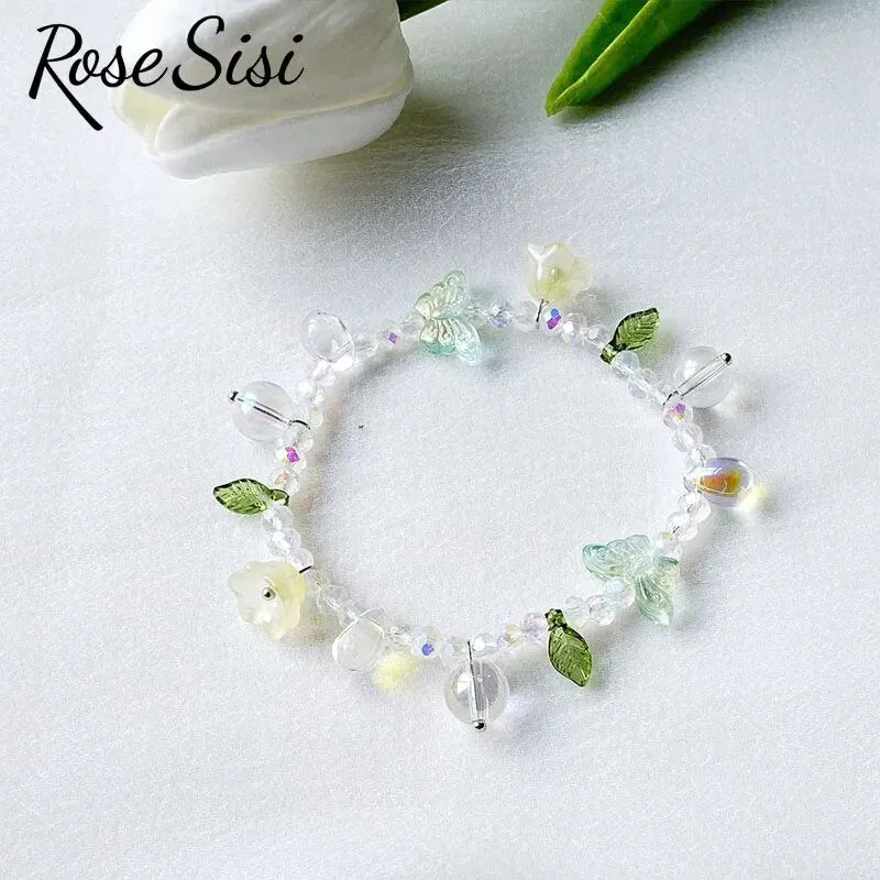 Rose sisi Chinese style ancient style fresh flower tassel beaded bracelect for women multicolor butterfly handmade bracelects
