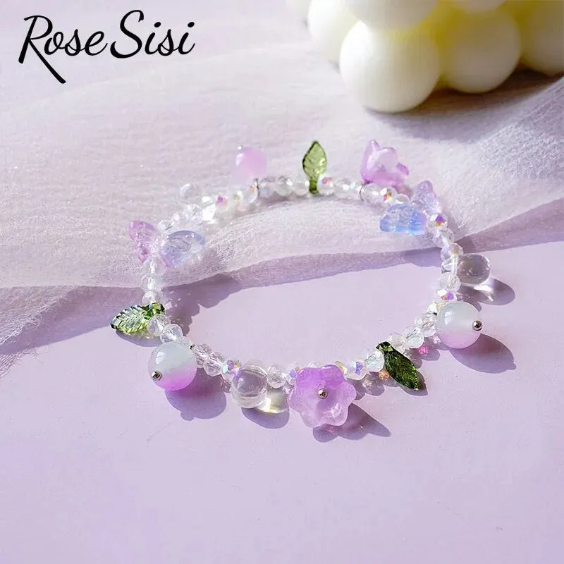 Rose sisi Chinese style ancient style fresh flower tassel beaded bracelect for women multicolor butterfly handmade bracelects