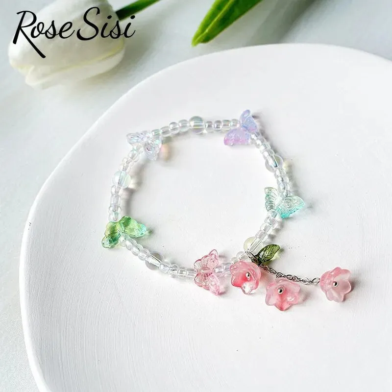 Rose sisi Chinese style ancient style fresh flower tassel beaded bracelect for women multicolor butterfly handmade bracelects