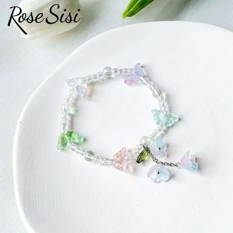 Rose sisi Chinese style ancient style fresh flower tassel beaded bracelect for women multicolor butterfly handmade bracelects
