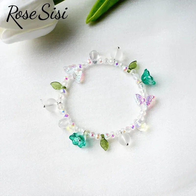 Rose sisi Chinese style ancient style fresh flower tassel beaded bracelect for women multicolor butterfly handmade bracelects