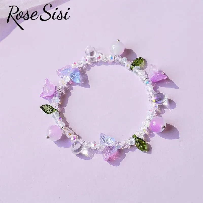 Rose sisi Chinese style ancient style fresh flower tassel beaded bracelect for women multicolor butterfly handmade bracelects