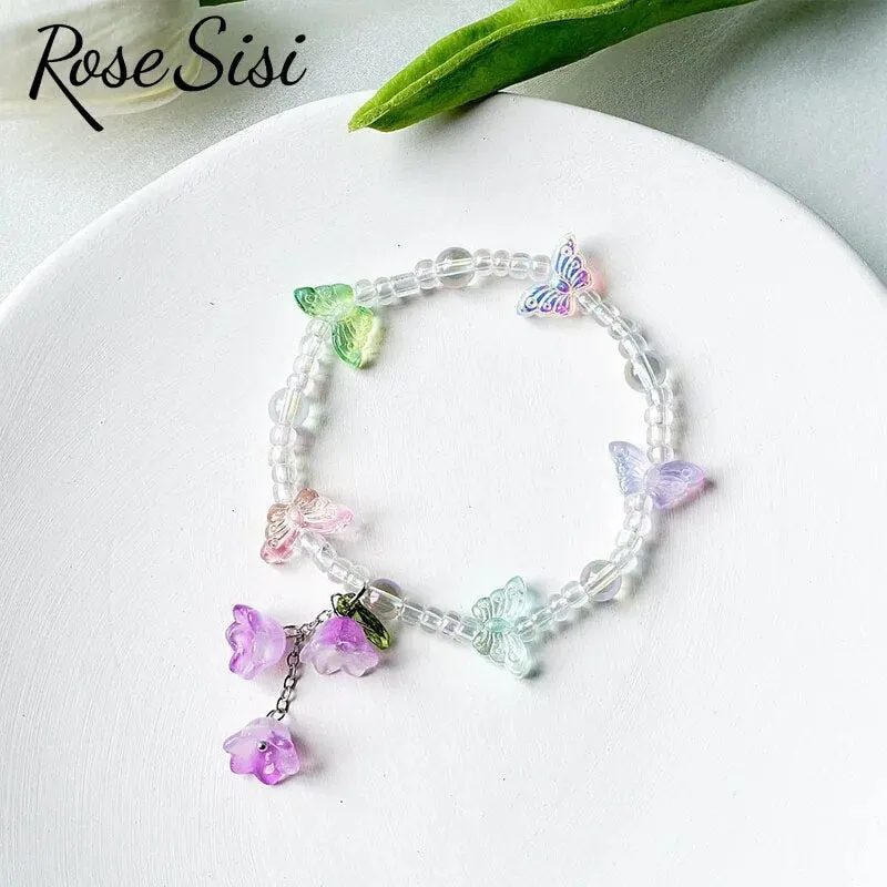 Rose sisi Chinese style ancient style fresh flower tassel beaded bracelect for women multicolor butterfly handmade bracelects