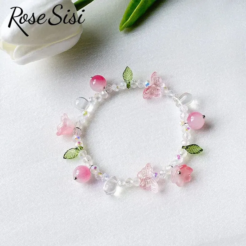 Rose sisi Chinese style ancient style fresh flower tassel beaded bracelect for women multicolor butterfly handmade bracelects