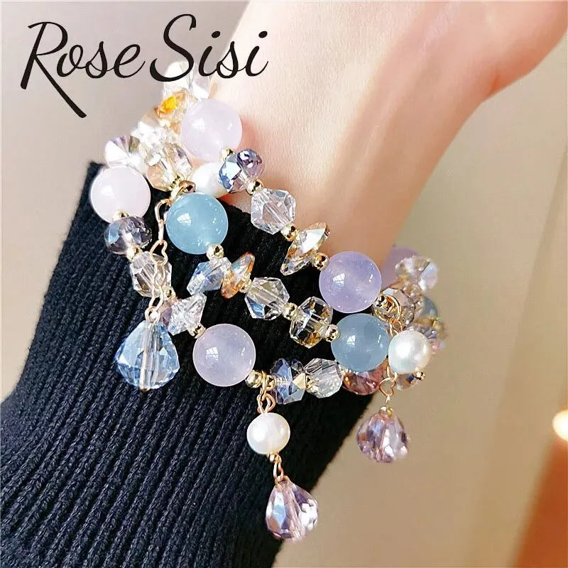 Rose sisi Fresh and sweet luxury crystal bracelet female natural stone beaded bracelet for women freshwater pearl elastic gift