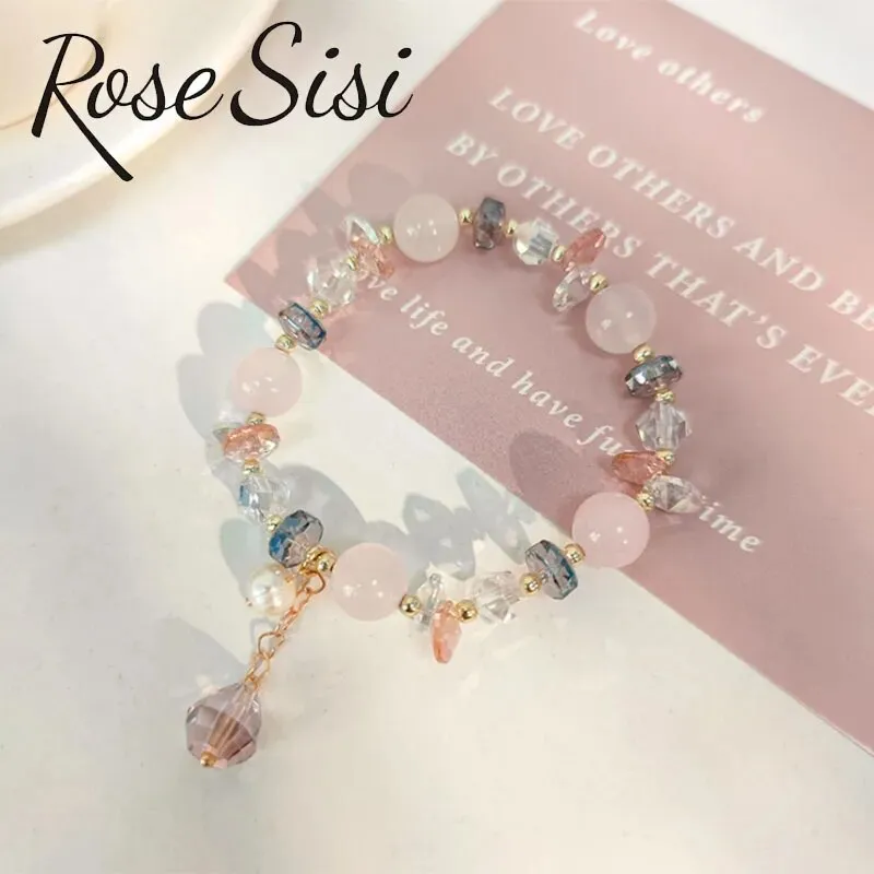 Rose sisi Fresh and sweet luxury crystal bracelet female natural stone beaded bracelet for women freshwater pearl elastic gift