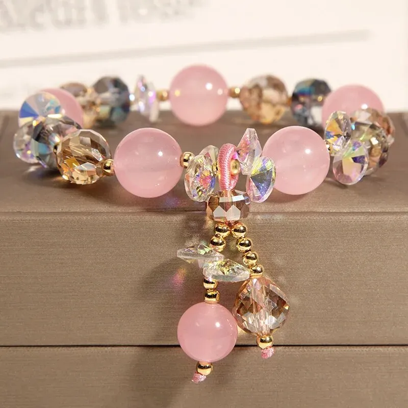 Rose sisi Fresh and sweet luxury crystal bracelet female natural stone beaded bracelet for women freshwater pearl elastic gift