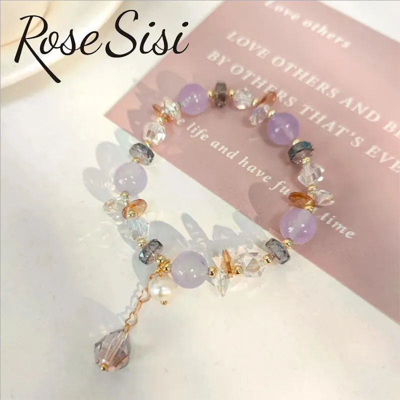 Rose sisi Fresh and sweet luxury crystal bracelet female natural stone beaded bracelet for women freshwater pearl elastic gift