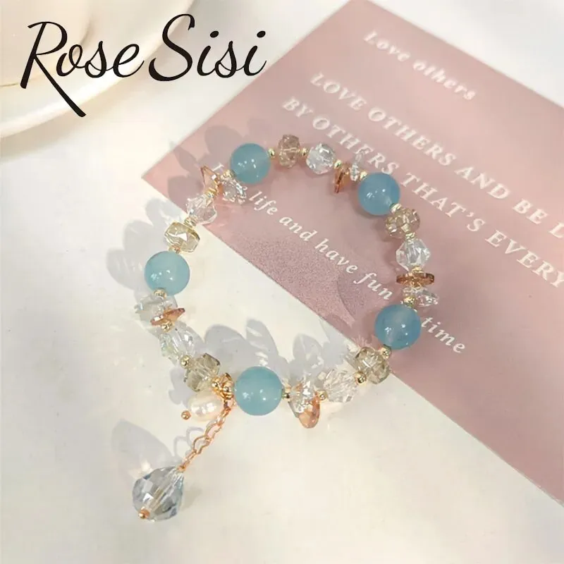 Rose sisi Fresh and sweet luxury crystal bracelet female natural stone beaded bracelet for women freshwater pearl elastic gift