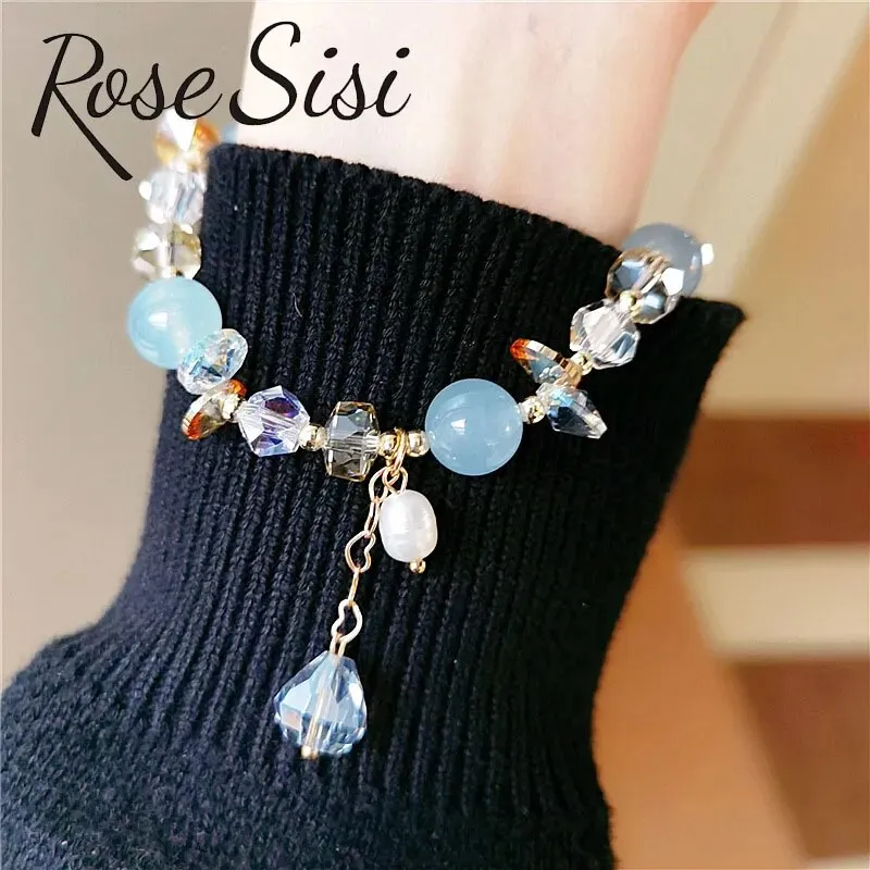 Rose sisi Fresh and sweet luxury crystal bracelet female natural stone beaded bracelet for women freshwater pearl elastic gift