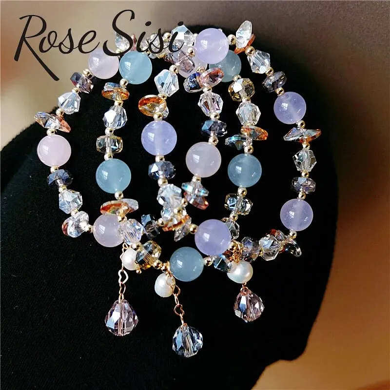 Rose sisi Fresh and sweet luxury crystal bracelet female natural stone beaded bracelet for women freshwater pearl elastic gift