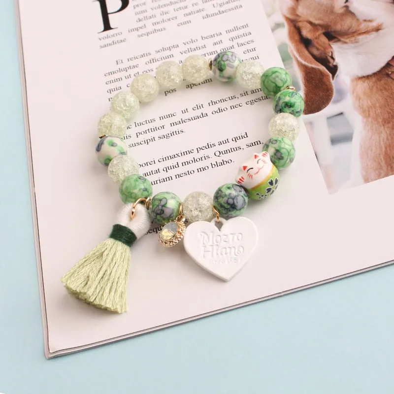 Rose sisi Korean Fashion Girl Heart Holiday Style Bracelet for women Whale Tail bead Bracelets Double Stretch Girl Pendant Retro