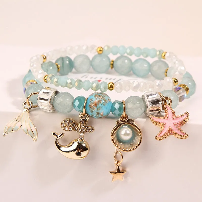 Rose sisi Korean Fashion Girl Heart Holiday Style Bracelet for women Whale Tail bead Bracelets Double Stretch Girl Pendant Retro
