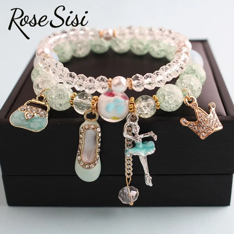 Rose sisi Korean Fashion Girl Heart Holiday Style Bracelet for women Whale Tail bead Bracelets Double Stretch Girl Pendant Retro
