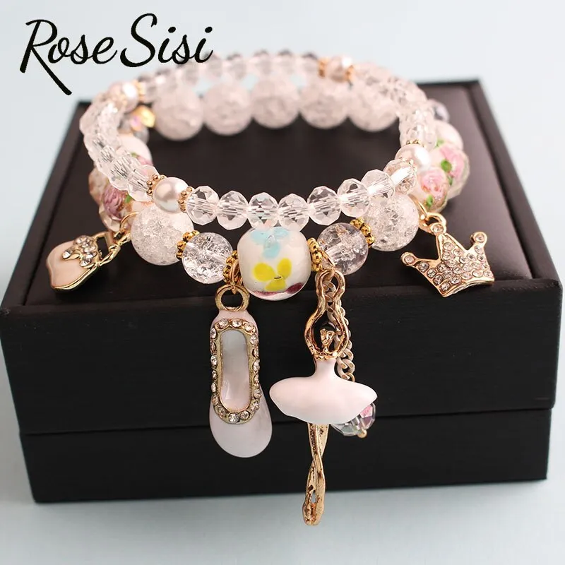Rose sisi Korean Fashion Girl Heart Holiday Style Bracelet for women Whale Tail bead Bracelets Double Stretch Girl Pendant Retro