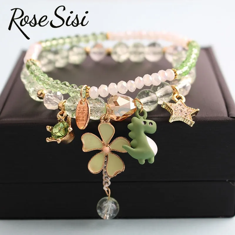 Rose sisi Korean Fashion Girl Heart Holiday Style Bracelet for women Whale Tail bead Bracelets Double Stretch Girl Pendant Retro