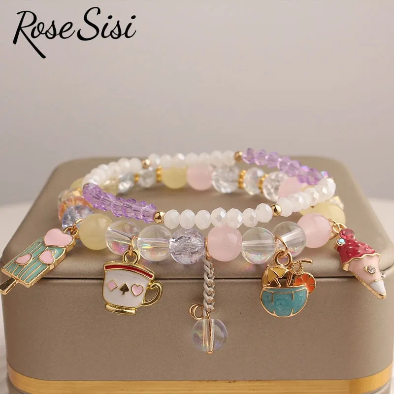 Rose sisi Korean Style summer fresh beach wind bracelet holiday beads bracelet for women elastic hand rope friendship jewelry