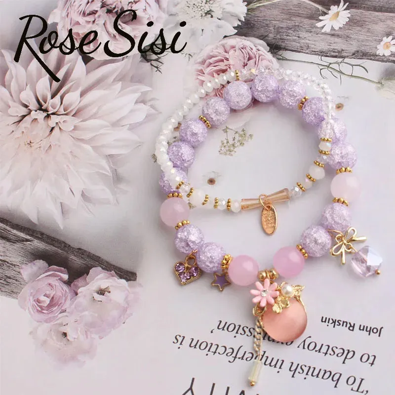Rose sisi Korean style wrist bracelet for woman fresh and cute glass women's beads opal pendant 2-piece bracelets for women