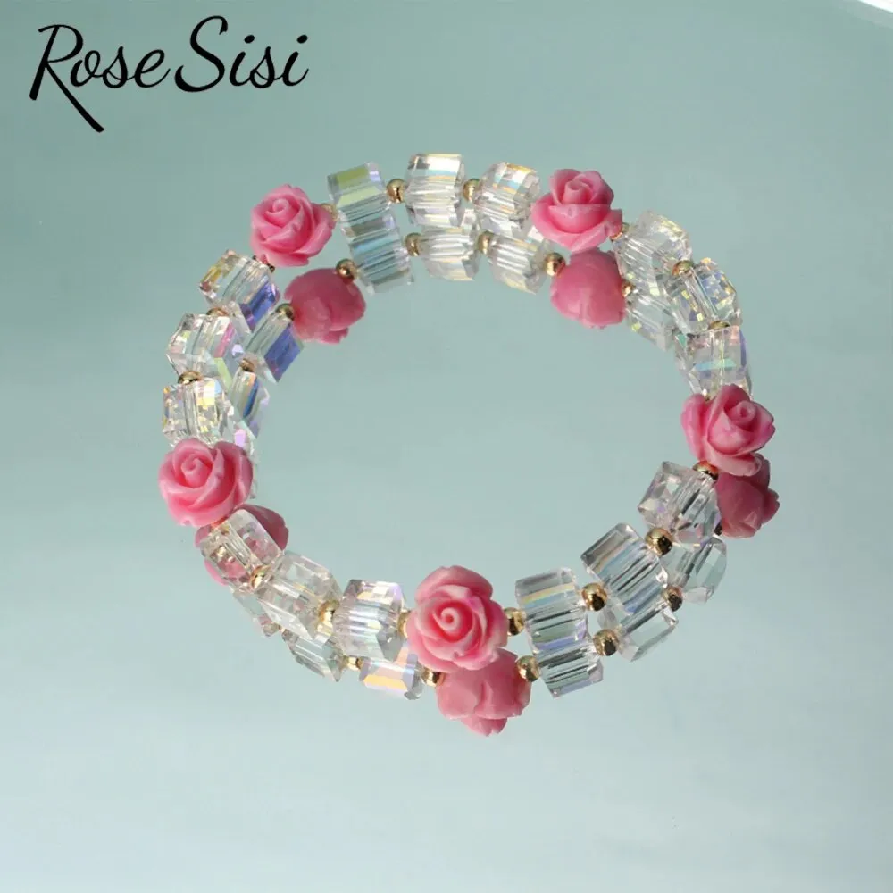 Rose sisi Korean version of fresh crystal bracelet for girls rose female charm bracelets elastic rope average size jewelry