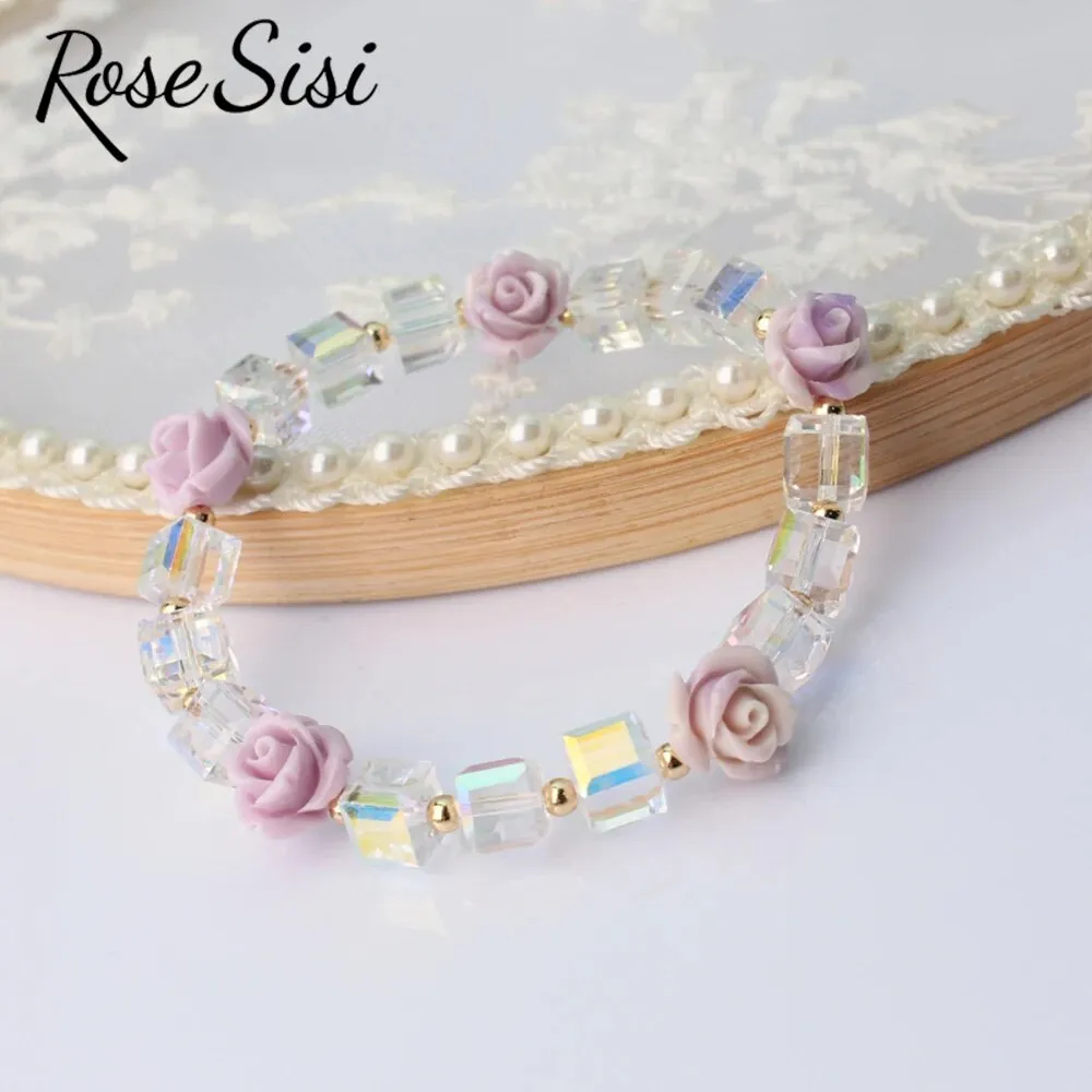 Rose sisi Korean version of fresh crystal bracelet for girls rose female charm bracelets elastic rope average size jewelry