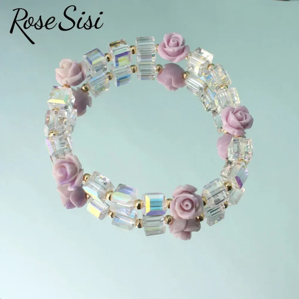 Rose sisi Korean version of fresh crystal bracelet for girls rose female charm bracelets elastic rope average size jewelry