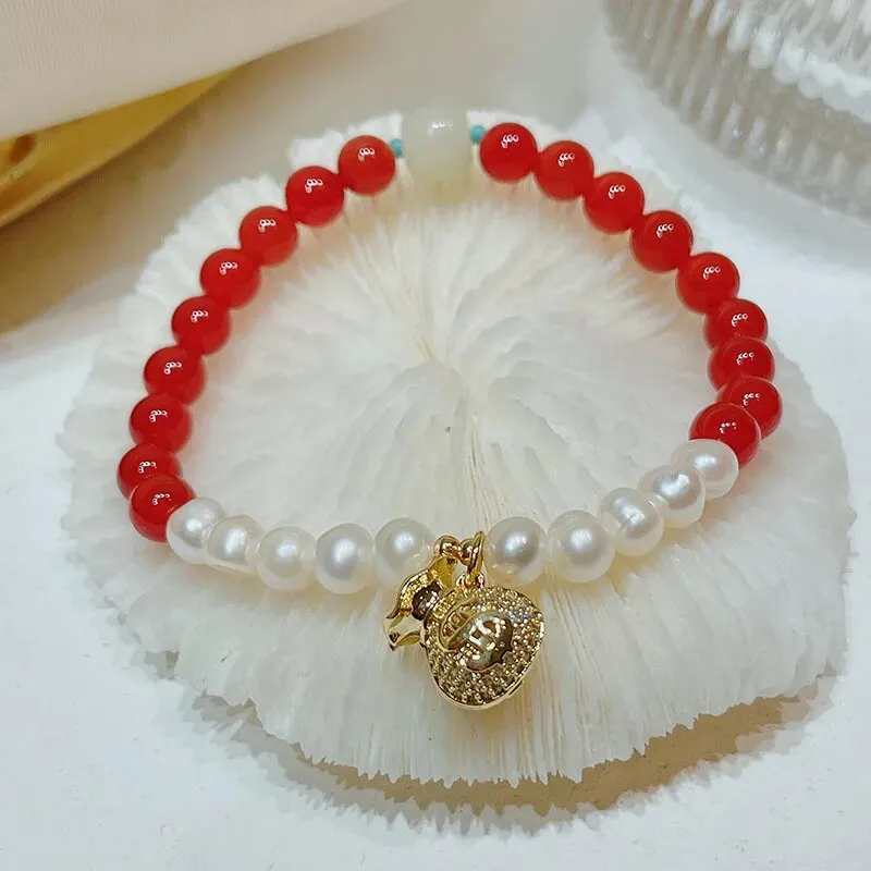 Rose sisi Zodiac Year Red Agate Female Bracelet Transit Tiger Strawberry Crystal Pearl Girl jewelry for women jewelry gift