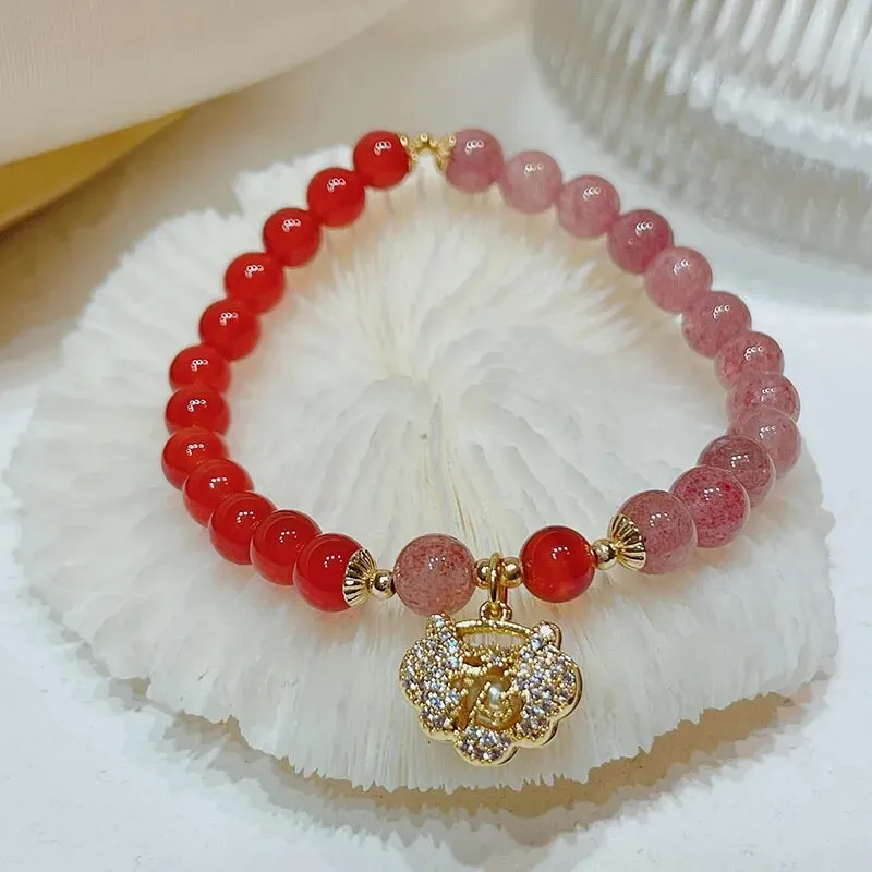 Rose sisi Zodiac Year Red Agate Female Bracelet Transit Tiger Strawberry Crystal Pearl Girl jewelry for women jewelry gift