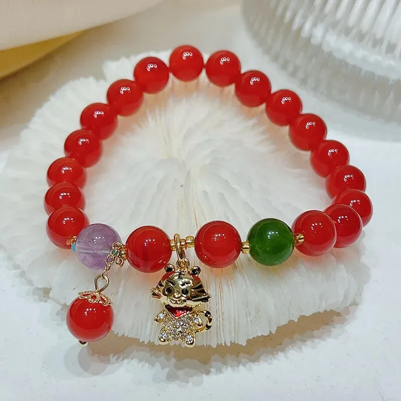 Rose sisi Zodiac Year Red Agate Female Bracelet Transit Tiger Strawberry Crystal Pearl Girl jewelry for women jewelry gift