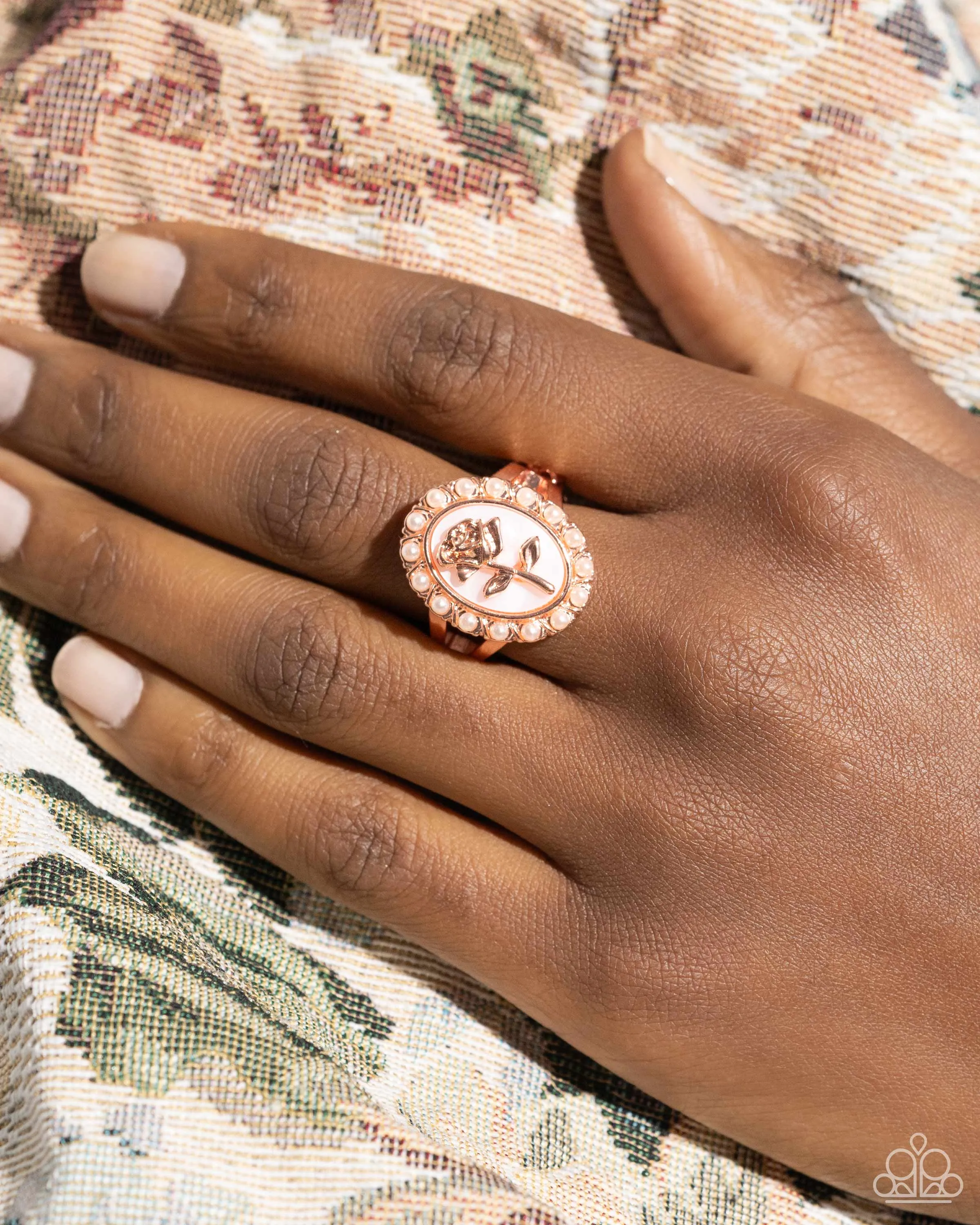 Rosy Reminder - Copper - Flower on White Shell Paparazzi Ring