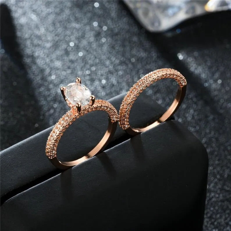 Round cut Moissanite Stackable Engagement Ring- Rose gold Unique minimalist ring-diamond Wedding ring set- Custom Ring gifts