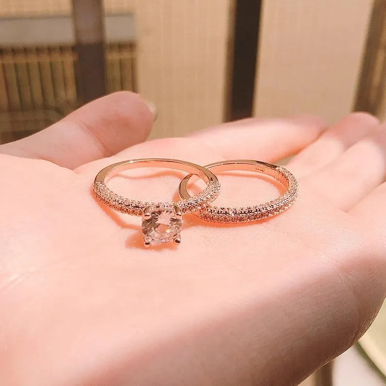 Round cut Moissanite Stackable Engagement Ring- Rose gold Unique minimalist ring-diamond Wedding ring set- Custom Ring gifts