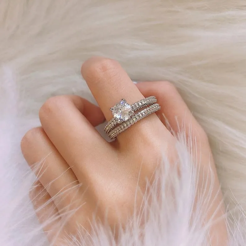 Round cut Moissanite Stackable Engagement Ring- Rose gold Unique minimalist ring-diamond Wedding ring set- Custom Ring gifts