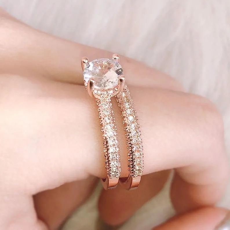 Round cut Moissanite Stackable Engagement Ring- Rose gold Unique minimalist ring-diamond Wedding ring set- Custom Ring gifts
