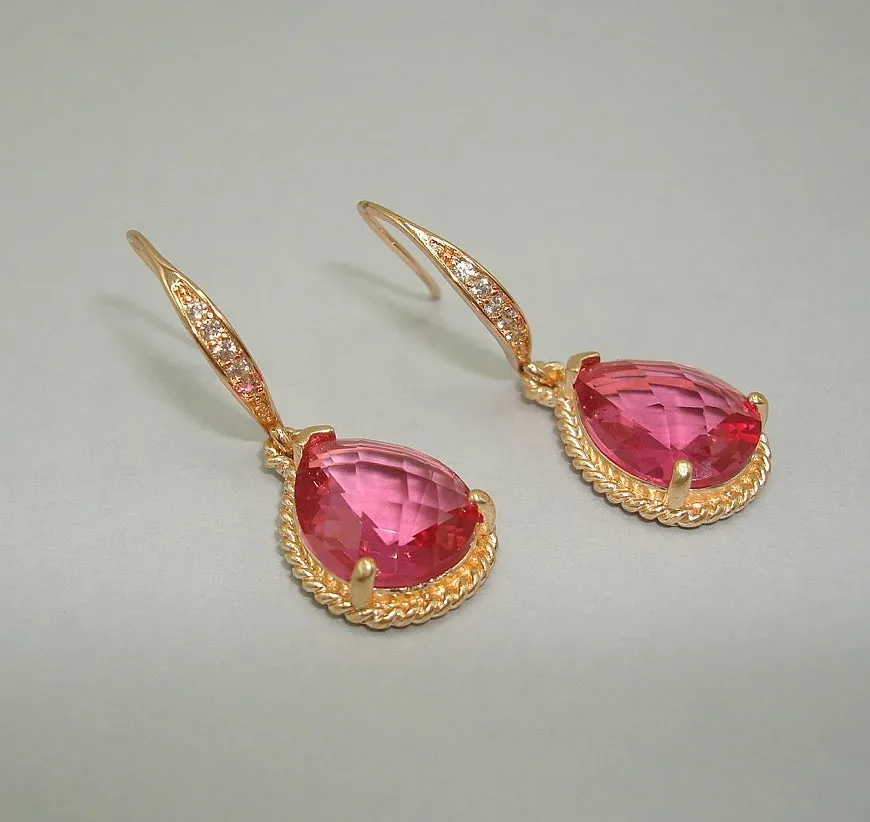 Ruby Drop Earrings Gold on Pave Diamond French Earwire