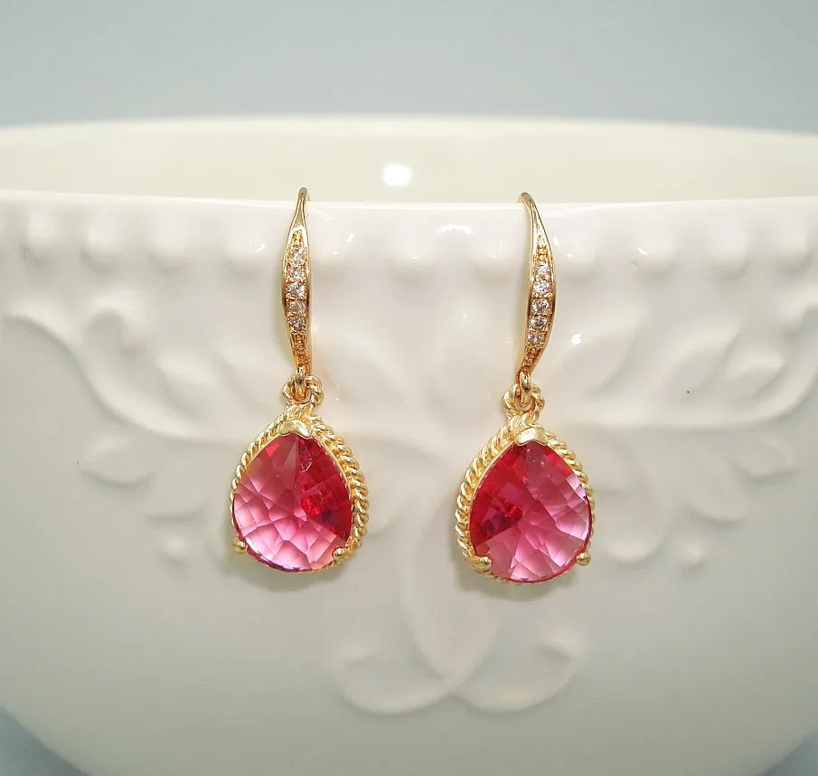 Ruby Drop Earrings Gold on Pave Diamond French Earwire