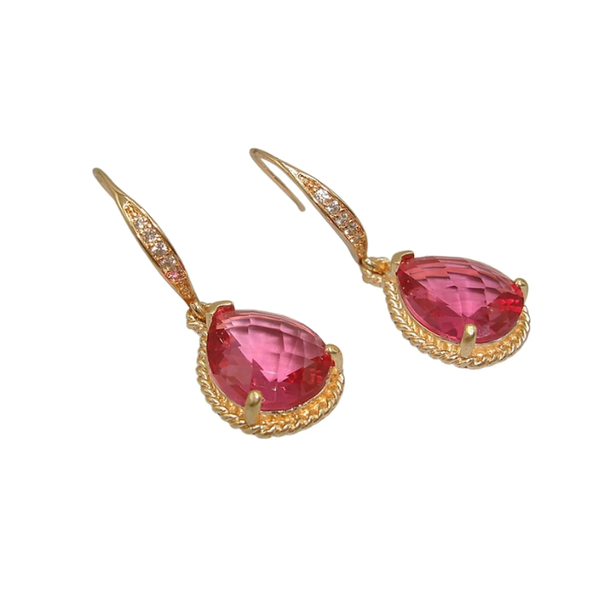 Ruby Drop Earrings Gold on Pave Diamond French Earwire