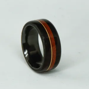 SALE RING -  Black Zirconium, Blackwood, Guitar String, & Red Opal - Size 7