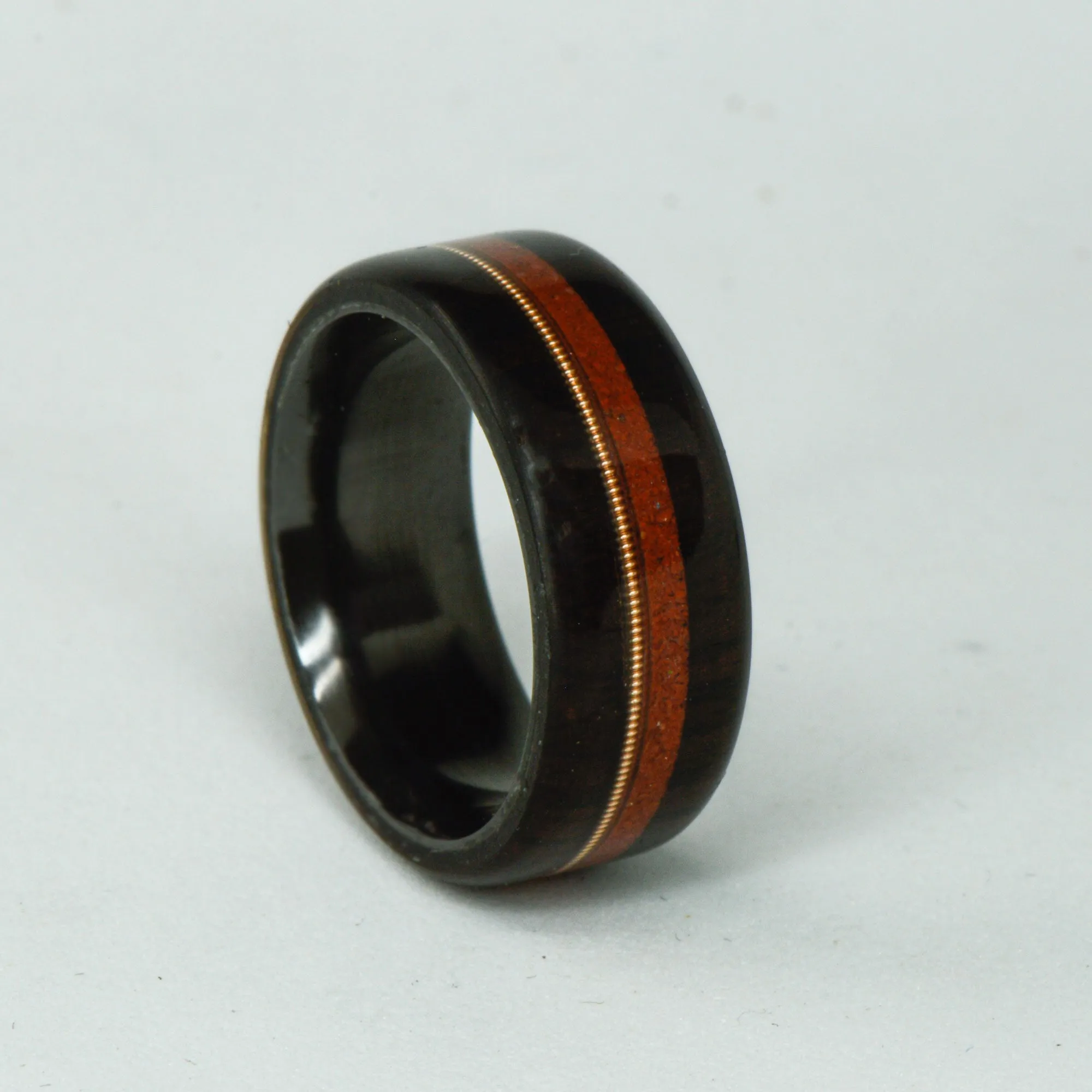 SALE RING -  Black Zirconium, Blackwood, Guitar String, & Red Opal - Size 7
