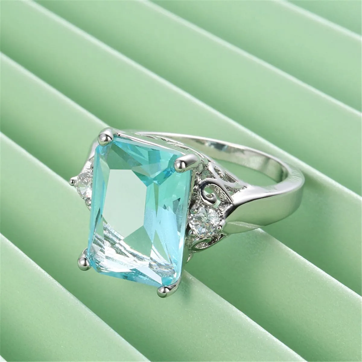 Sea Blue Crystal & Cubic Zirconia Emerald-Cut Ring