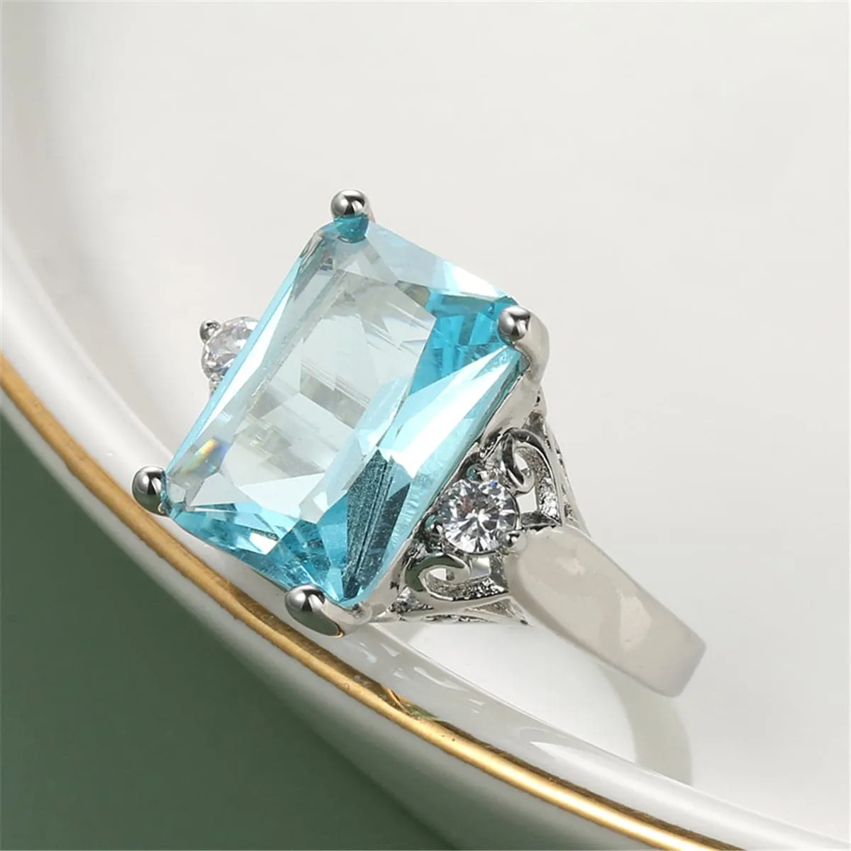 Sea Blue Crystal & Cubic Zirconia Emerald-Cut Ring
